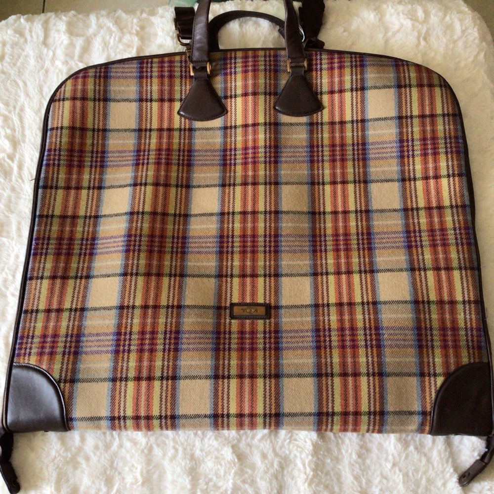 Tumi Plaid Wool and Leather Hanging Travel Weekender Shoulder Bag